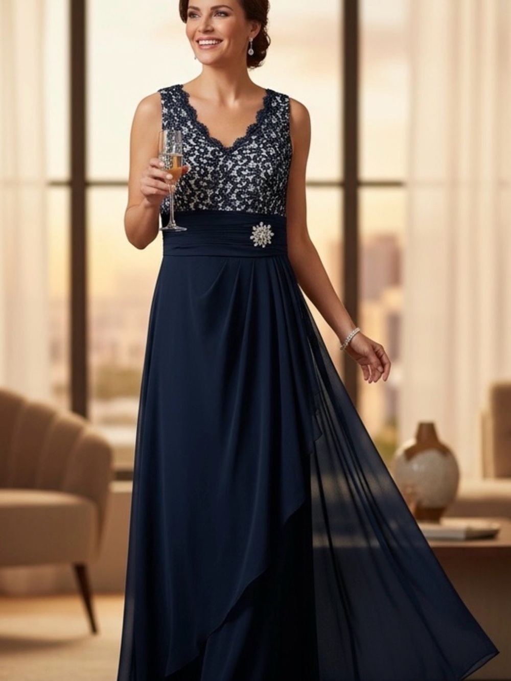 Cachet Navy Lace top Maxi Dress with Brooch